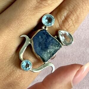 sterling silver elongated topaz & aquamarine ring size 7.5